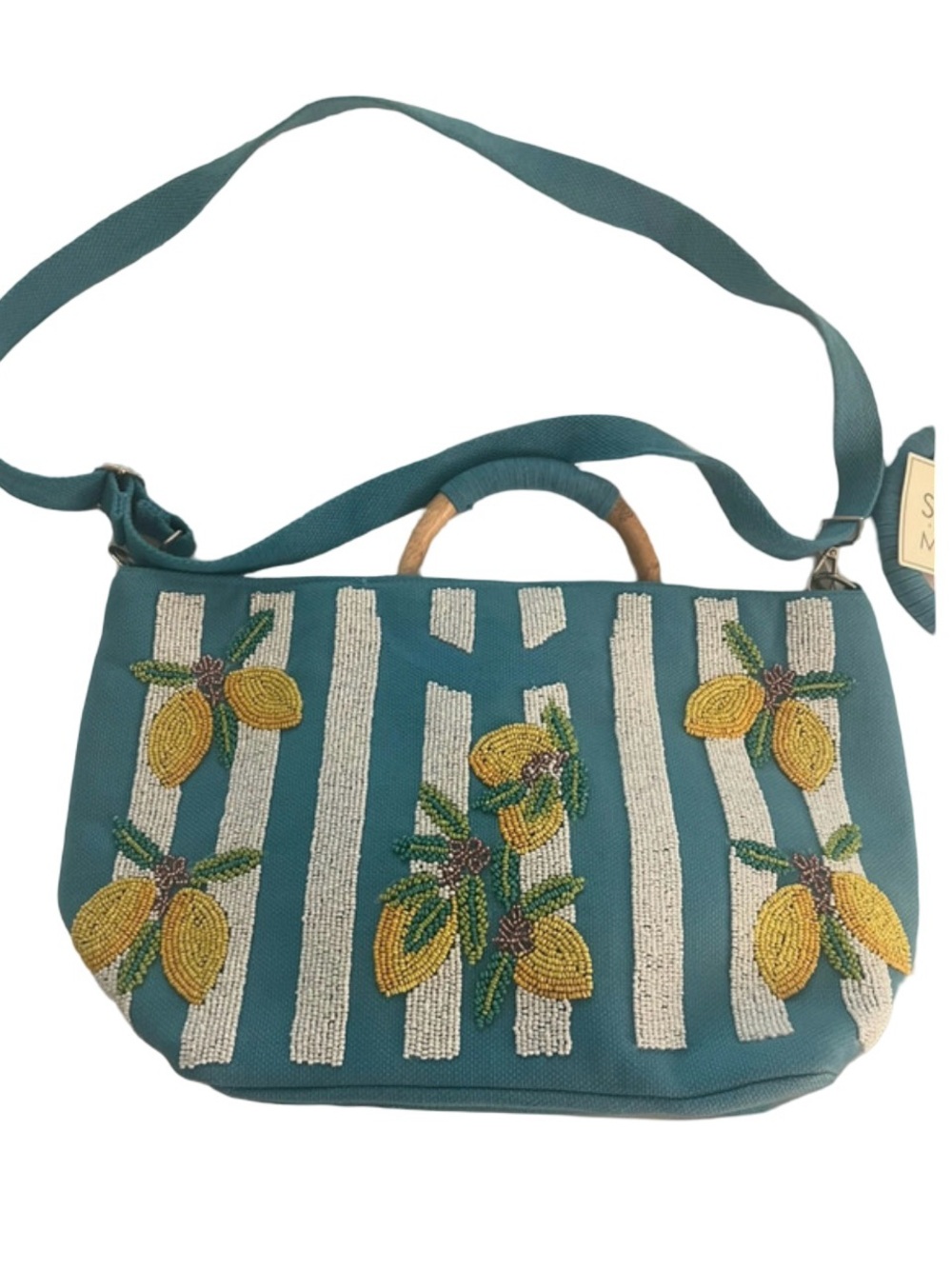 Teal Beaded Lemon Stripe Tote Bag